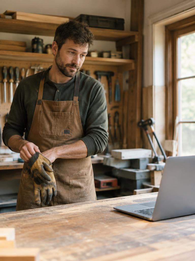 Handwerker in seiner Werkstatt vor einem Laptop